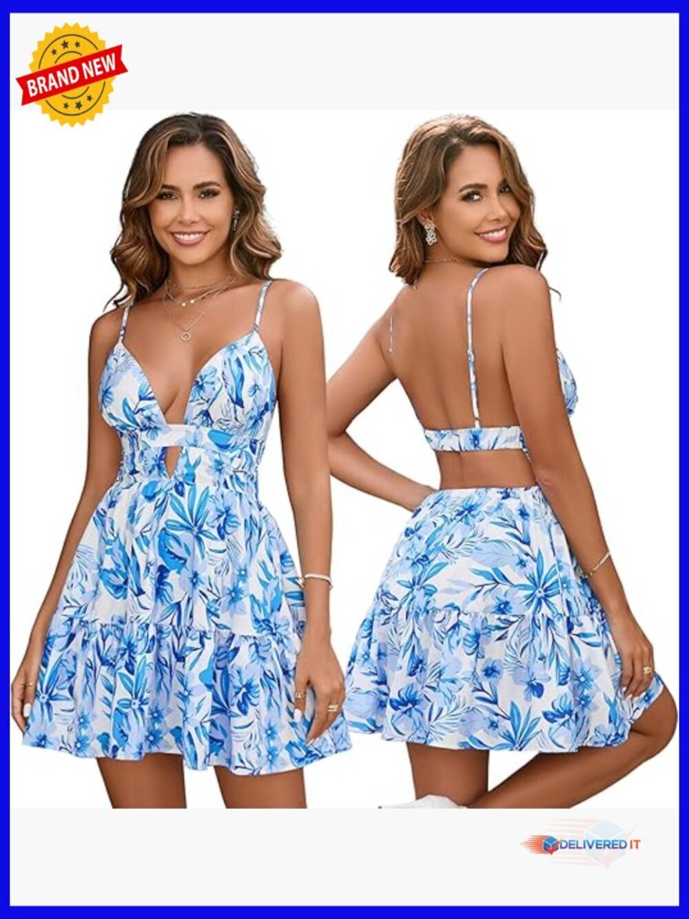 Summer Boho Floral Mini Dress Spaghetti Strap V-Neck A-Line Beach Casual